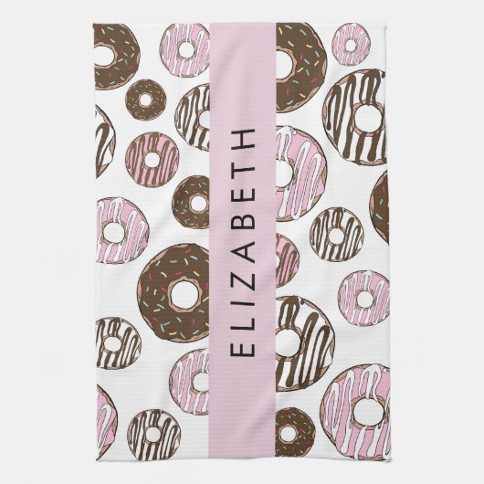 Rosa Donuts, braune Donuts, Sprinklen, Ihr Name Geschirrtuch (Vertikal)