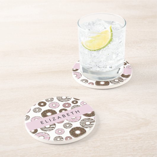 Rosa Donuts, braune Donuts, Sprinklen, Ihr Name Getränkeuntersetzer (Seite)