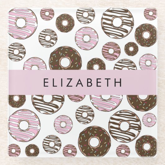 Rosa Donuts, braune Donuts, Sprinklen, Ihr Name Glasuntersetzer (Vorderseite)