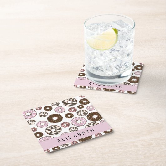 Rosa Donuts, braune Donuts, Sprinklen, Ihr Name Rechteckiger Pappuntersetzer (Vor Ort)