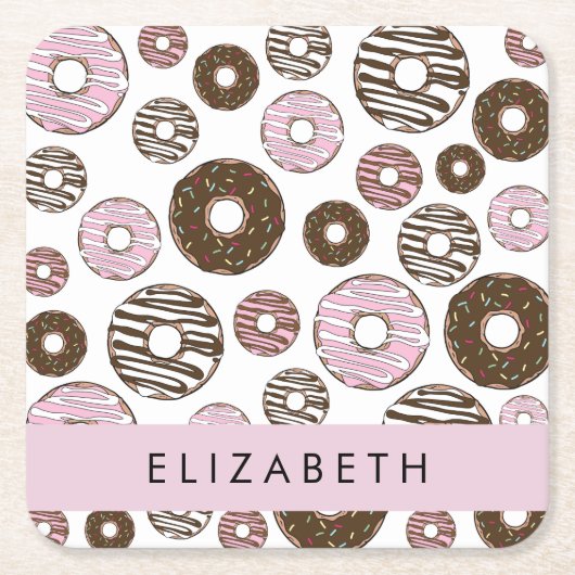 Rosa Donuts, braune Donuts, Sprinklen, Ihr Name Rechteckiger Pappuntersetzer (Vorderseite)