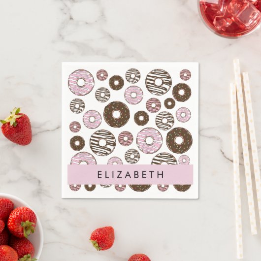 Rosa Donuts, braune Donuts, Sprinklen, Ihr Name Serviette (Beispiel)