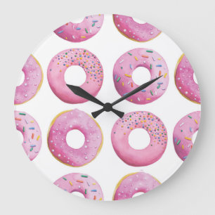 Rosa Donuts, farbenfrohe Zuckerkultur. Große Wanduhr