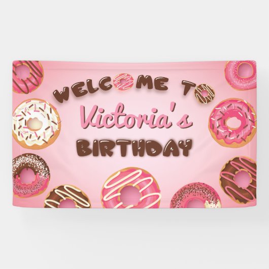 Rosa Donuts Geburtstag Begrüßungszeichen des Party Banner (Horizontal)