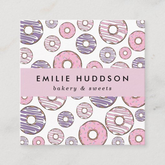 Rosa Donuts, Lila Donuts, Kuchenladen, Konditorei Quadratische Visitenkarte (Vorderseite)