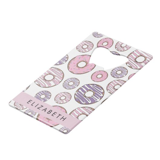 Rosa Donuts, Lila Donuts, Sprinklen, Ihr Name Geldbeutel Flaschenöffner (Rückseite Schrägansicht)
