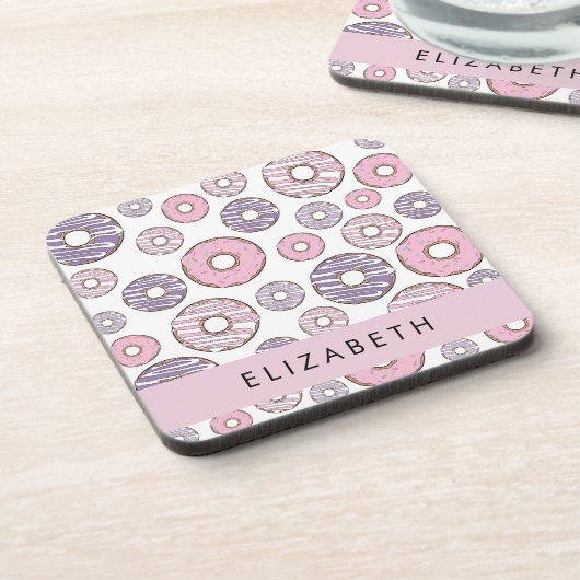 Rosa Donuts, Lila Donuts, Sprinklen, Ihr Name Getränkeuntersetzer (Linke Seite)