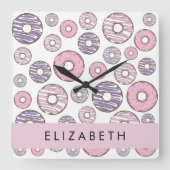 Rosa Donuts, Lila Donuts, Sprinklen, Ihr Name Quadratische Wanduhr (Vorderseite)
