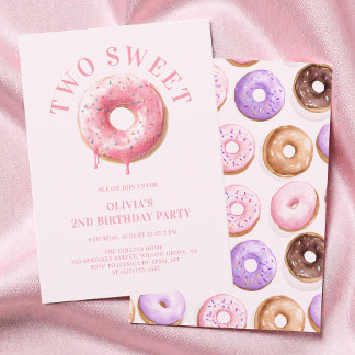 Rosa Donuts Mädchen Two Sweet 2. Geburtstagsfeier Einladung