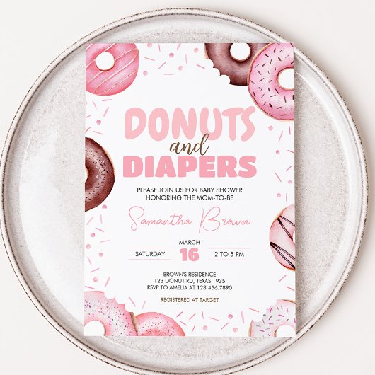Rosa Donuts und Windeln Kinderdusche Einladung
