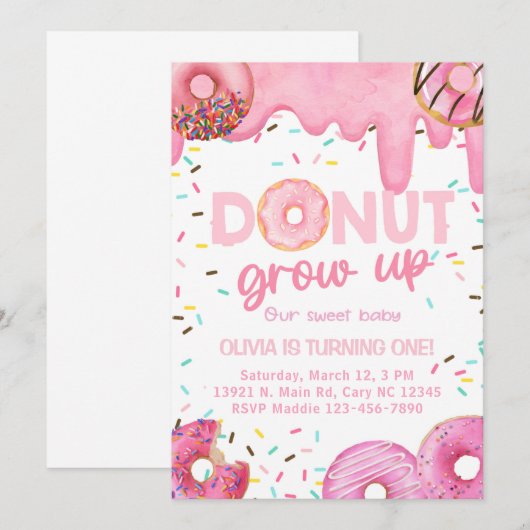 Rosa Donuts wachsen mit einer großen Einladung her (Vorne/Hinten)