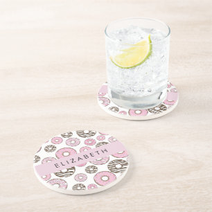 Rosa Donuts, weiße Donuts, Sprinklen, Ihr Name Getränkeuntersetzer