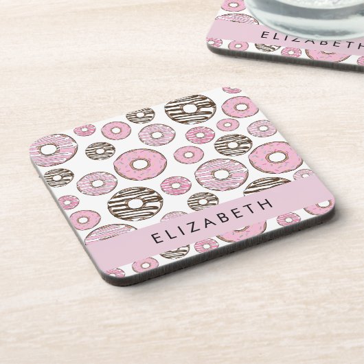 Rosa Donuts, weiße Donuts, Sprinklen, Ihr Name Getränkeuntersetzer (Linke Seite)