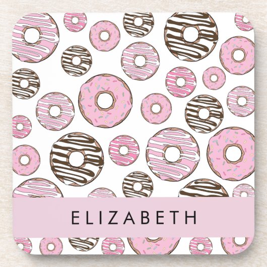 Rosa Donuts, weiße Donuts, Sprinklen, Ihr Name Getränkeuntersetzer (Vorderseite)