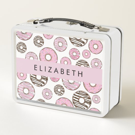 Rosa Donuts, weiße Donuts, Sprinklen, Ihr Name Metall Brotdose (Rückseite)