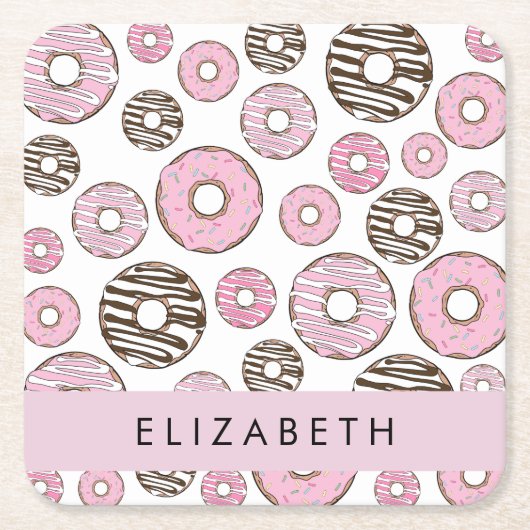 Rosa Donuts, weiße Donuts, Sprinklen, Ihr Name Rechteckiger Pappuntersetzer (Vorderseite)