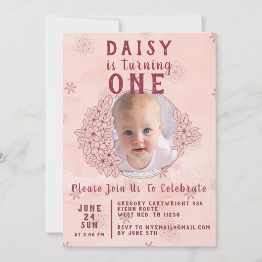 Rosa-Doodle-Blume-Foto Einladung (Vorderseite)