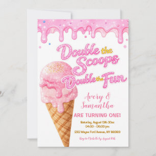 Rosa Double the Scoops Geburtstags-Glitter-Funkeln Einladung