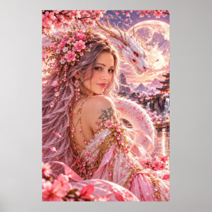 Rosa Drachen-Lady Kirschblüten-Fantasie-Kunstposte Poster