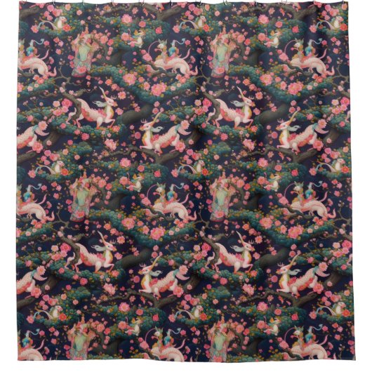 Rosa Drachen und Kirschblüten Duschvorhang (Vorderseite)