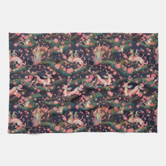 Rosa Drachen und Kirschblüten Geschirrtuch (Horizontal)
