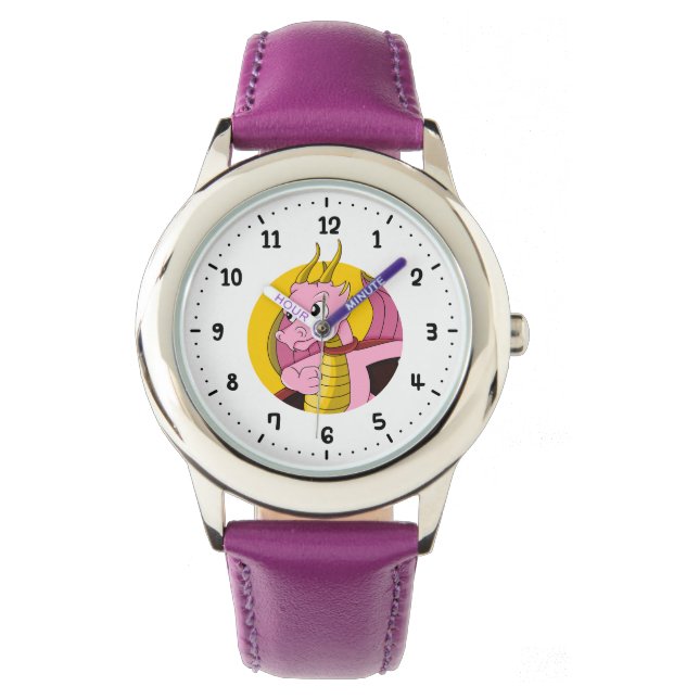Rosa Drachenuhr Cartoon Armbanduhr (Vorderseite)