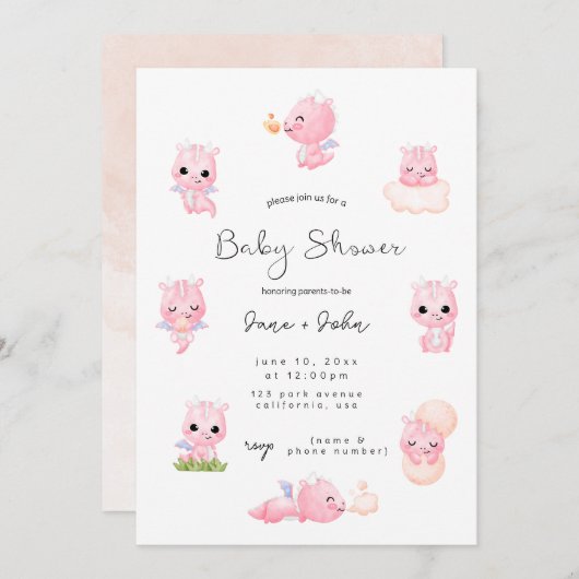 Rosa Dragon Baby Dusche Einladung (Vorne/Hinten)