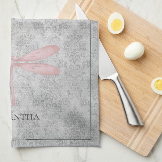 Rosa Dragonfly Damask Geschirrtuch (Viertel Falte)