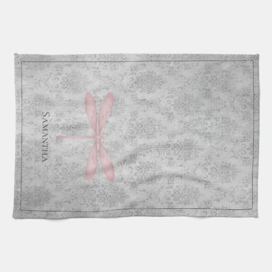 Rosa Dragonfly Damask Geschirrtuch (Horizontal)