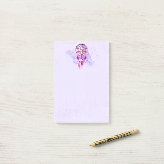 Rosa Dreamcatcher auf dem Lila Spritzer Post-it Klebezettel (Auf Schreibtisch)