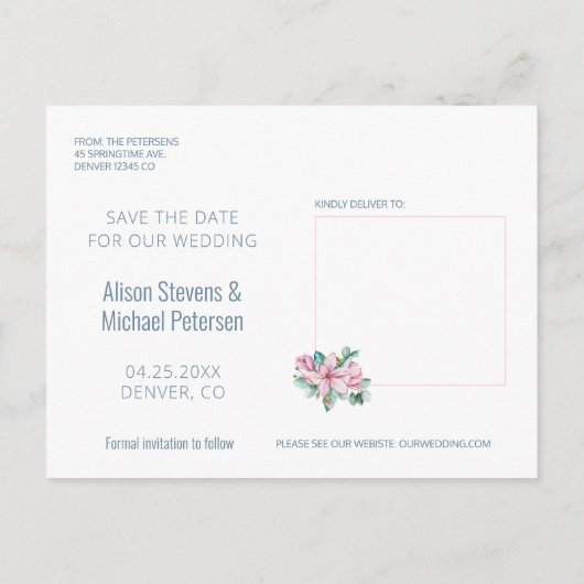 Rosa Drehbuch Frühling Blumenzelt Foto rett Datum Ankündigungspostkarte (Rückseite)