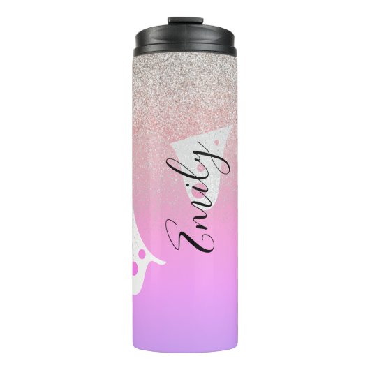 Rosa Drilling-Glitzern Mit Monogramm Name Thermosbecher (Vorderseite)