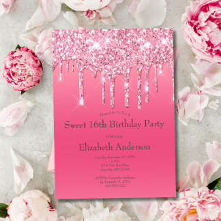Rosa Dripping Glitzer Bling Sweet 16. Geburtstag Einladung
