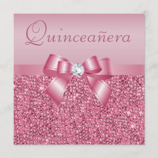 Rosa DruckPaillette u. Bogen Quinceanera Einladung