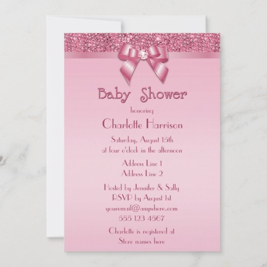 Rosa DruckPaillette und Bogen-Mädchen-Babyparty Einladung (Rückseite)