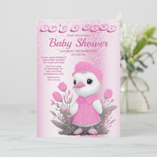 Rosa Duck Girl Babydusche Einladung (Stehend Vorderseite)