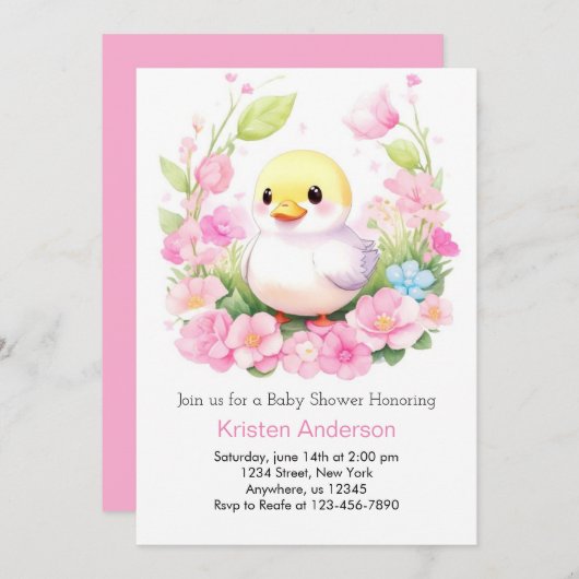 Rosa Duckling Niedliche, schimmernde Girl Baby Dus Einladung (Vorne/Hinten)