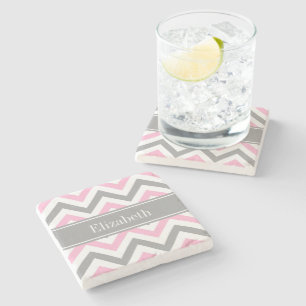 Rosa Dunkelgrau Weiß LG Chevron Grau Name Monogram Steinuntersetzer