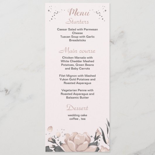 Rosa dunkelgraue Blume botanische Hochzeit Menükarte (Vorderseite)