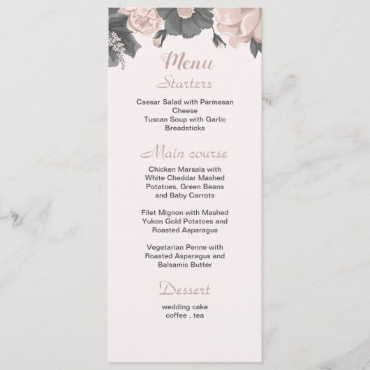 Rosa dunkelgraue Blume botanische Hochzeit Menükarte (Vorderseite)