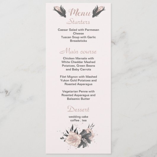 Rosa dunkelgraue Blume botanische Hochzeit Menükarte (Vorderseite)