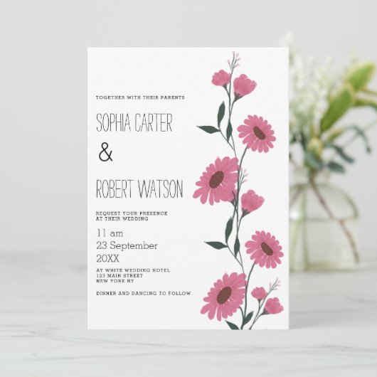 Rosa dunkelgrüne Gänseblütenhochzeit Einladung (Stehend Vorderseite)