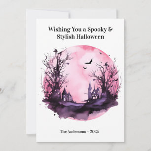 Rosa dunkle gruselige Halloweenkarte Feiertagskarte