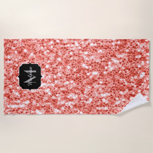 Rosa dunkle Korallen Glitzer Glitzern Monogram Strandtuch (Vorderseite)
