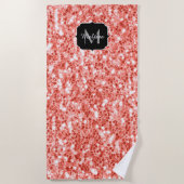 Rosa dunkle Korallen Glitzer Glitzern Monogram Strandtuch (Vorderseite)
