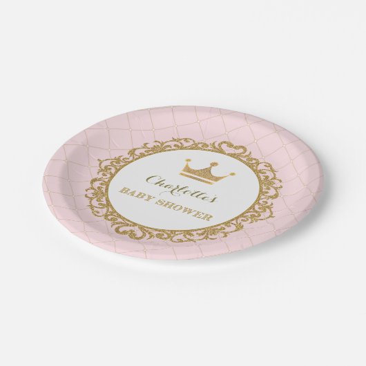 Rosa Duschen-Party Goldprinzessin-Baby 7" Platte Pappteller (Schrägansicht)