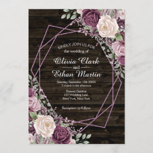 Rosa Dusty Rose Floral Geometric auf dunklem Holz Einladung