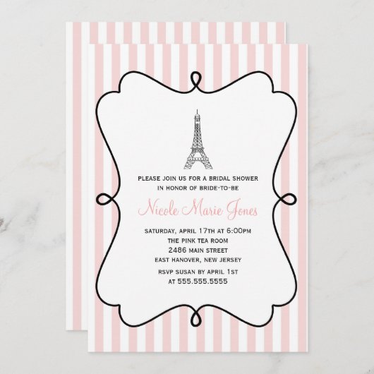 Rosa Eiffelturm Brautparty Einladung (Vorne/Hinten)