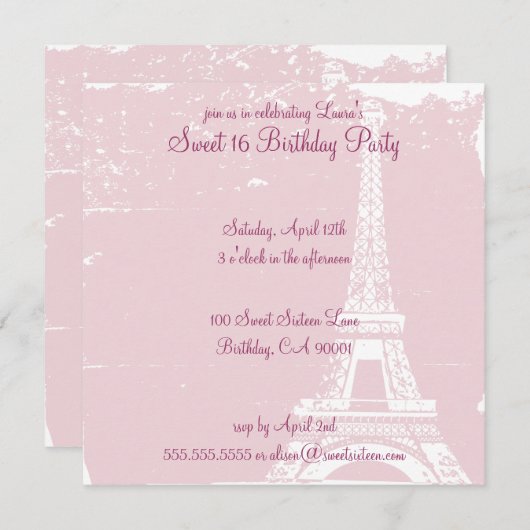 Rosa Eiffelturm Geburtstagsparty Einladungen (Vorne/Hinten)