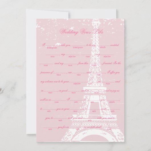 Rosa Eiffelturm Hochzeitsvows Libs Game (Vorderseite)